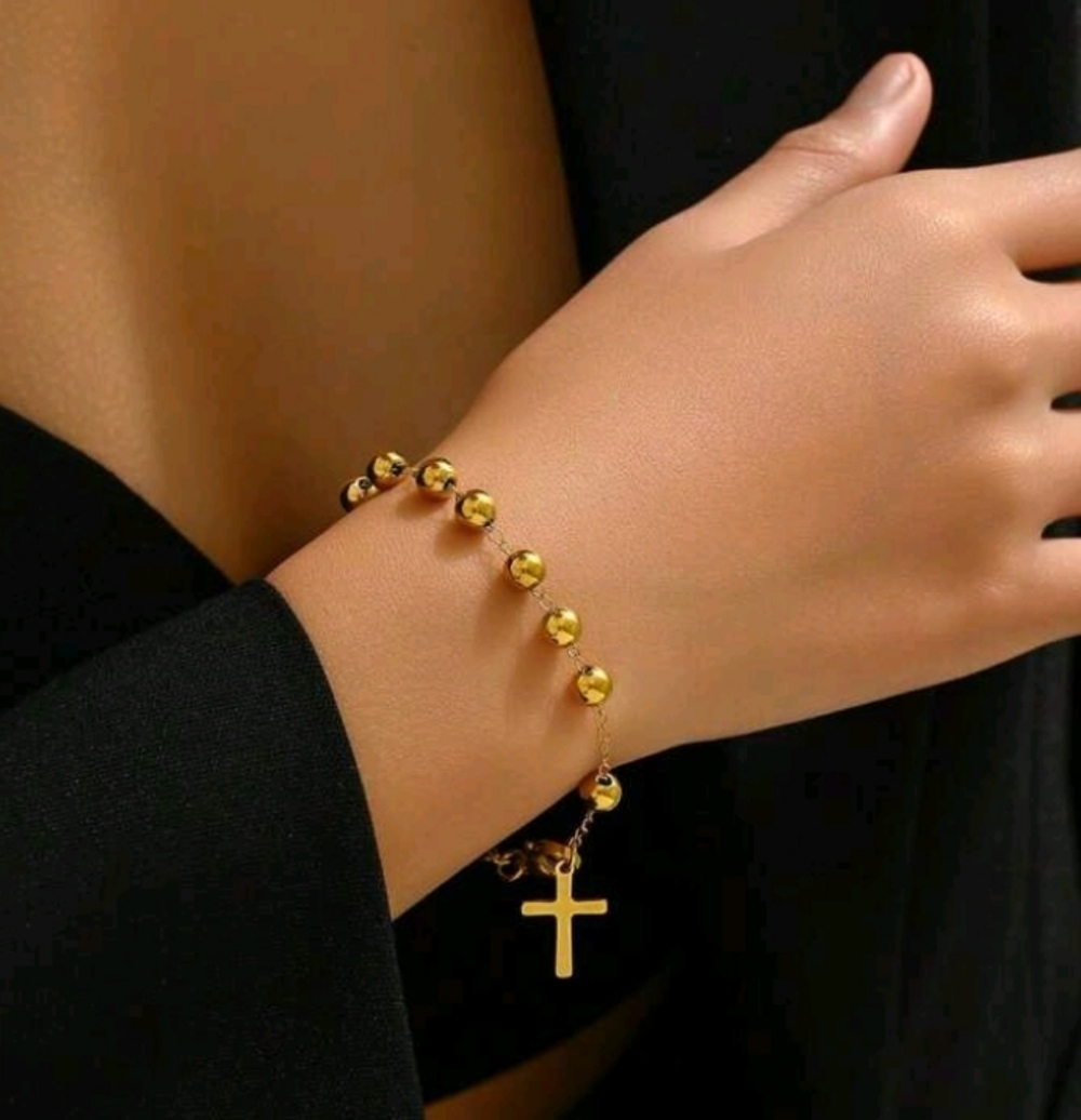 NEW! 18K Gold Plated Cross & Religious Medal Charm Beaded Bracelet